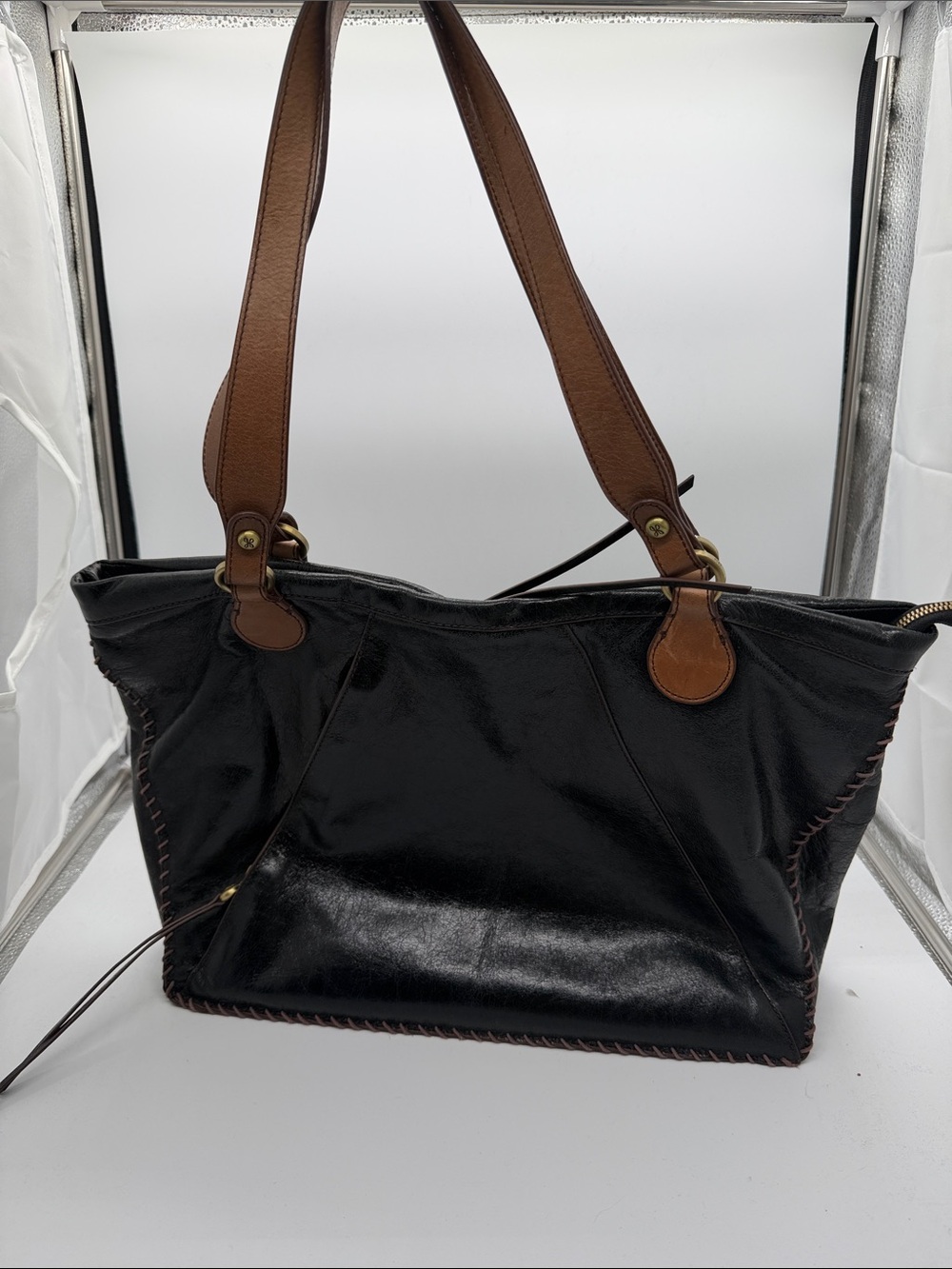 HOBO Black Leather Tote with Brown Straps